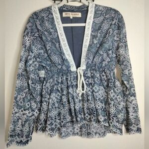 Free People (Sz XS) Blue & White Cotton Crochet Rope Tie Front Anissa Bed Jacket